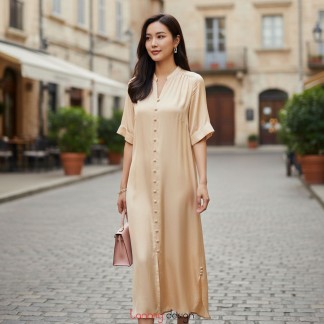 Beige silk mandarin-collar dress